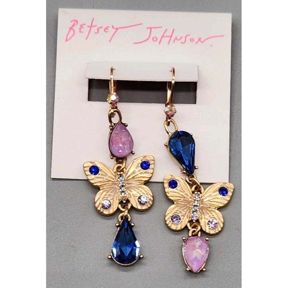 Betsey Johnson Butterfly Crystal Dangle Gold Tone Blue Pink Leverback Earrings